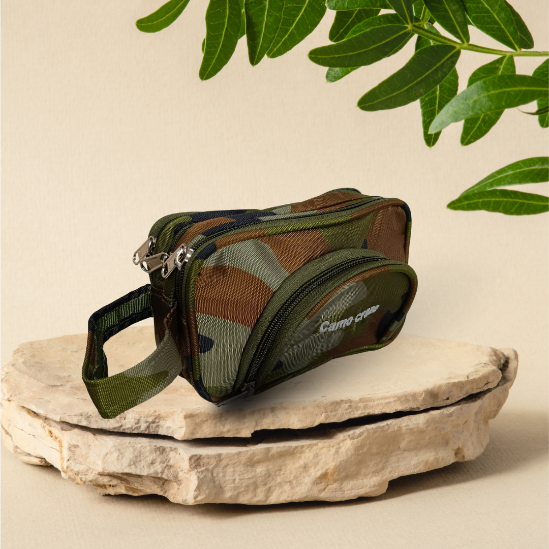 Camouflage shaving pouch with durable, water-resistant material for outdoor use