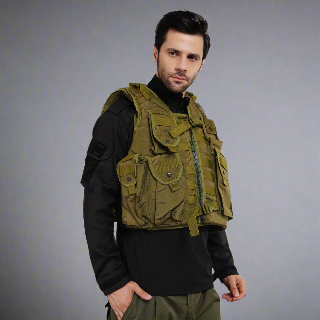 Olive Green Tactical Vest with bulletproof jacket cover and multiple secure pouches