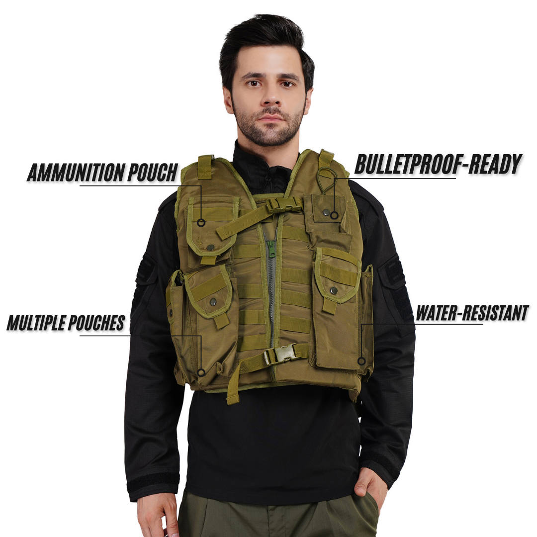 Premium Tactical Vest in olive green showing durable, water-resistant fabric