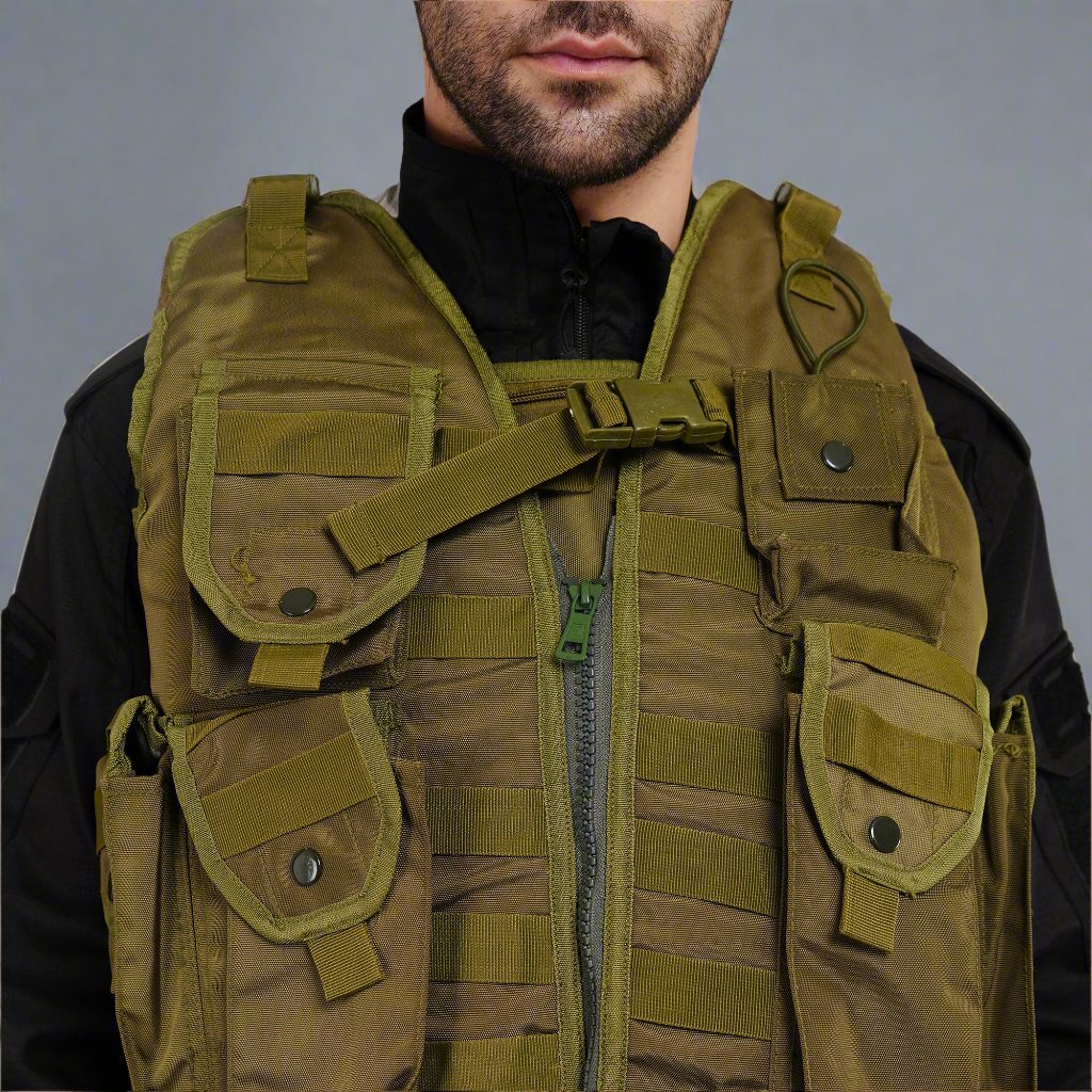 Close-up of Tactical Vest with multiple storage pouches and rugged design