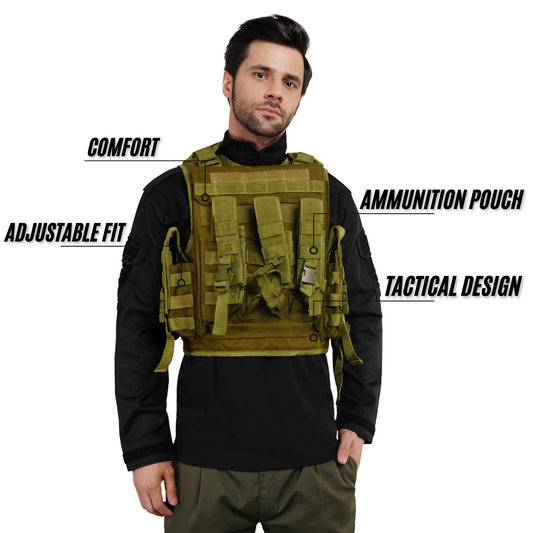 Olive Green Tactical Vest with bulletproof jacket cover and secure storage pouches