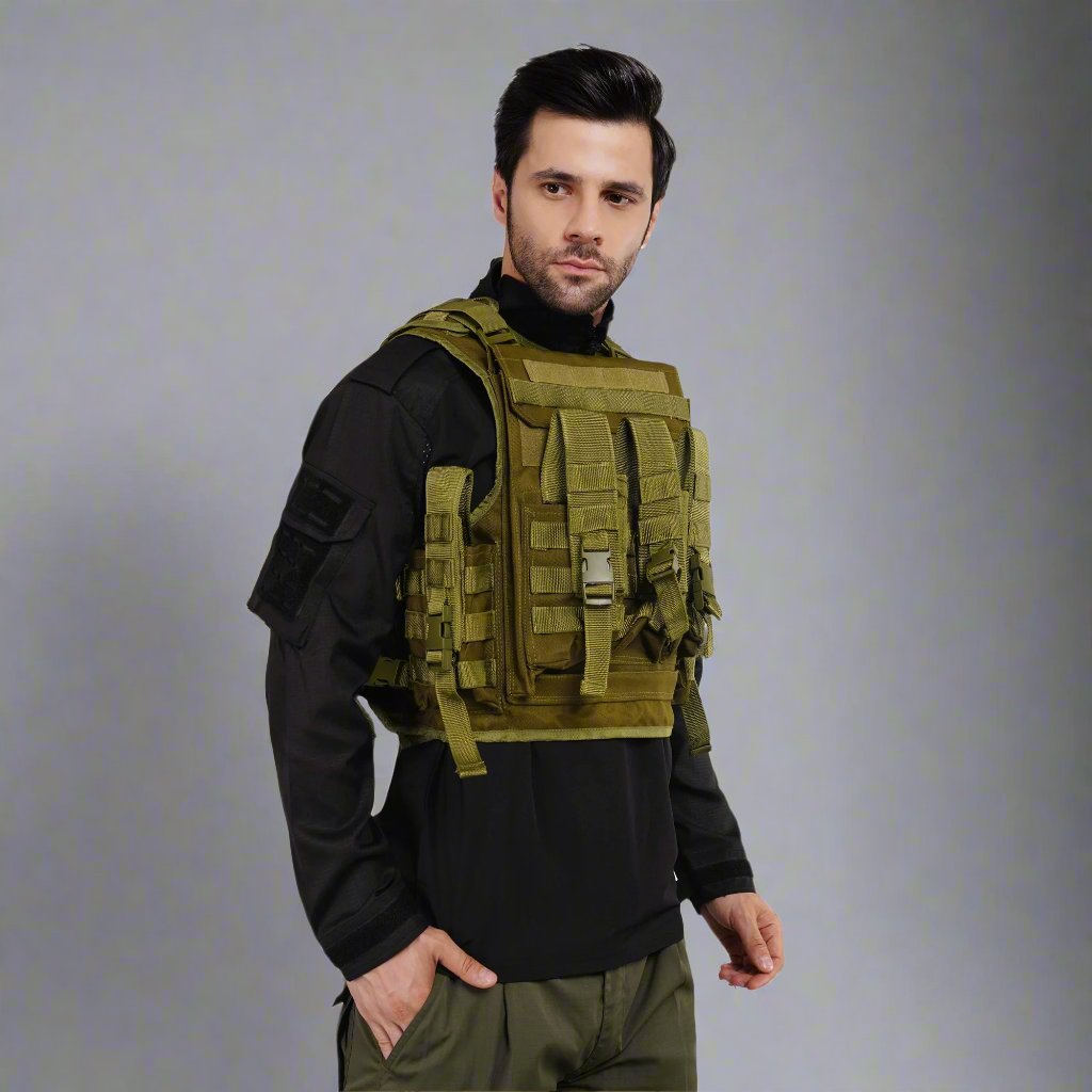 Front view of Tactical Vest with multiple pouches and adjustable straps for a custom fit