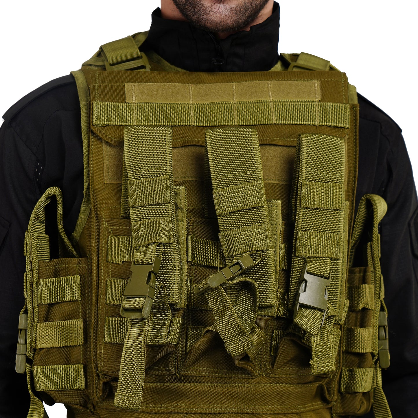 Close-up of Tactical Vest with bulletproof cover compatibility in olive green