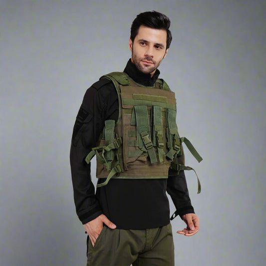 Dark Olive Green Tactical Vest with bulletproof jacket cover and multiple pouches