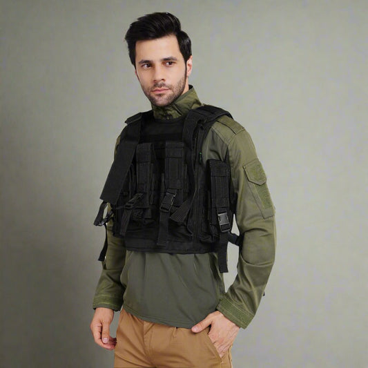 Black Tactical Vest with bulletproof jacket cover and secure storage pouches