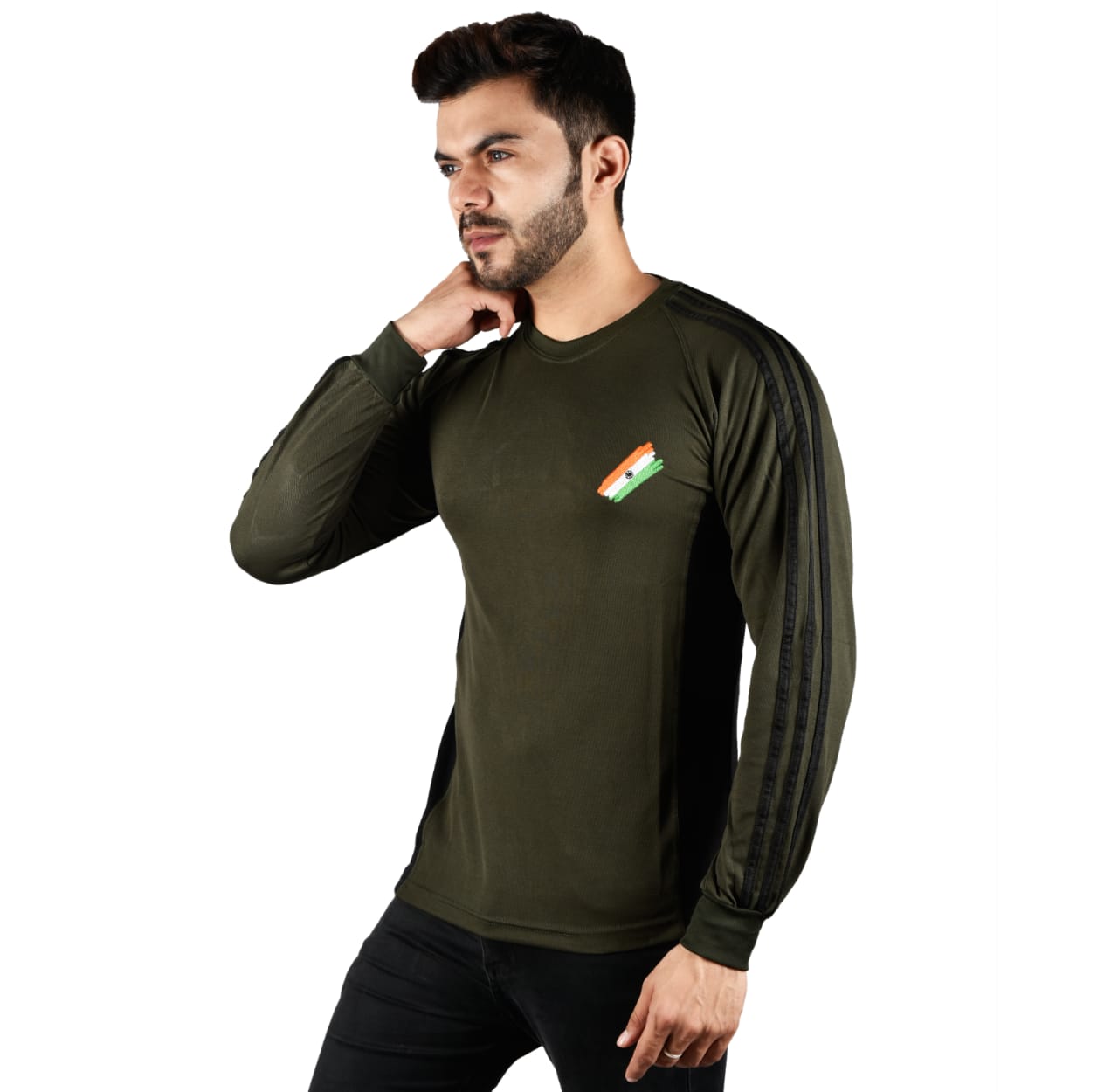 COMMANDO Tiranga Logo Round Neck OG Olive Green T Shirt Full Sleeve Army Military Defence
