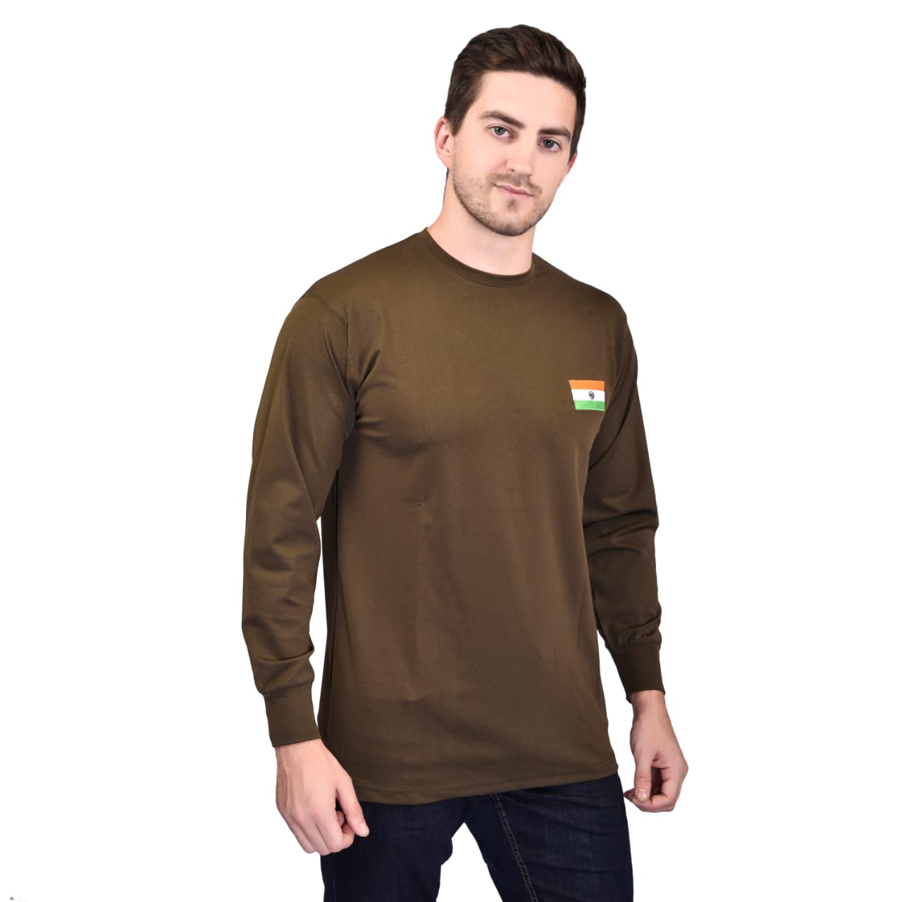 Indian Army Tiranga Logo Round Neck OG Olive Green T Shirt Full Sleeve Army Military Defence
