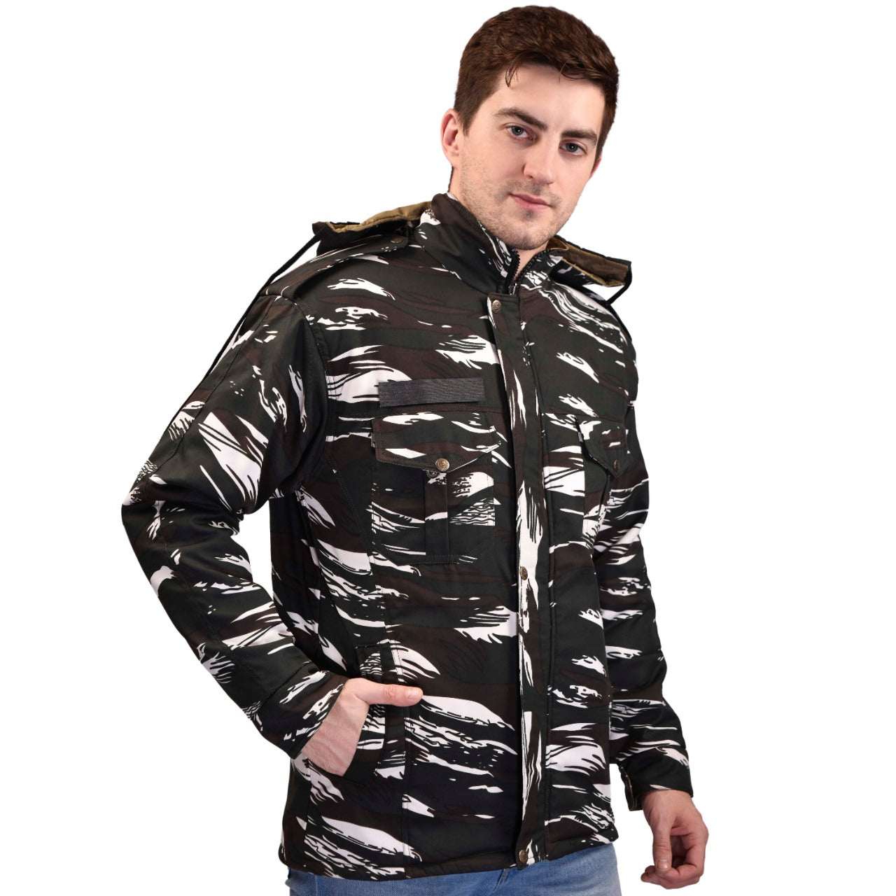 CRPF Unisex Windproof Parachute Jacket Camouflage Khaki Both Side Quilted Full Sleeves Hooded Neck Army Military Defence